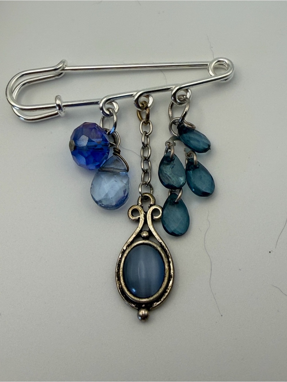 Blue Moonglow Color Oval Dangle Silver Tone Charm Safety Pin Brooch